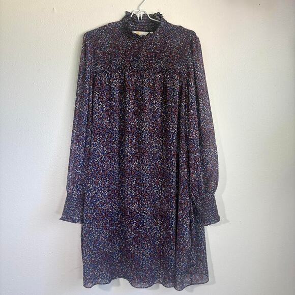 Boden 14R Smocked Stretch Long Sleeve Dress Mock Neck Pockets Floral Modest - Picture 1 of 8
